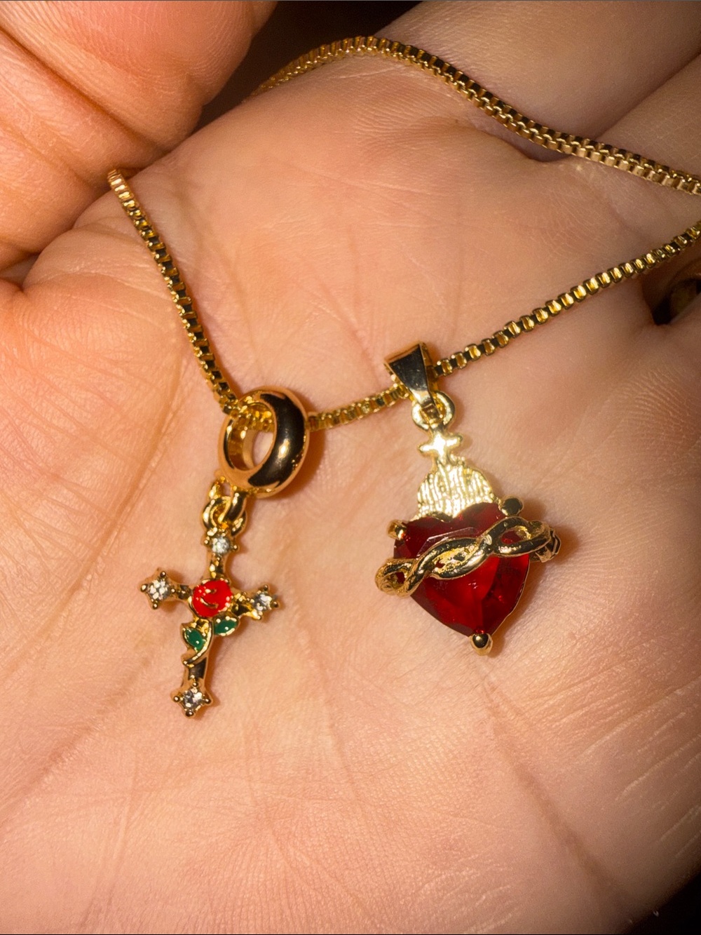 18 k  gold, plated  Gold-Tone Sacred Heart and Jeweled Cross Necklace Set